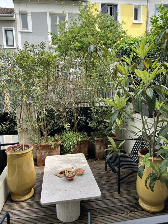 La terrasse aujourd'hui : néfliers, arbustes en pots jaunes, table basse en pierre