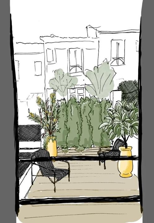 Esquisse dessinée de la terrasse : écran végétal, grands pots jaunes et mobilier